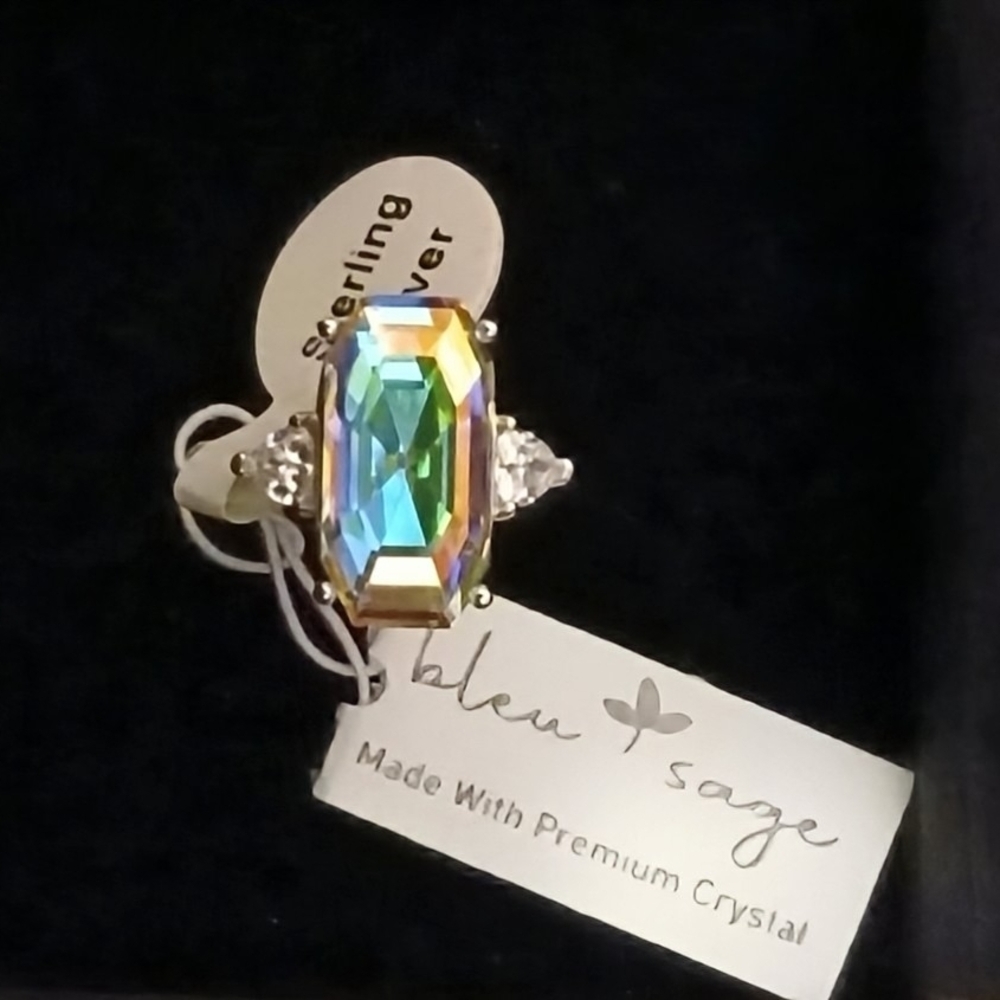 Bleu + Sage Sterling Silver Mystic Rainbow Crystal Emerald Cut Statement Ring(8)